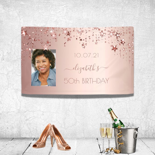 50th birthday photo rose gold pink glittery stars banner (Von Creator hochgeladen)