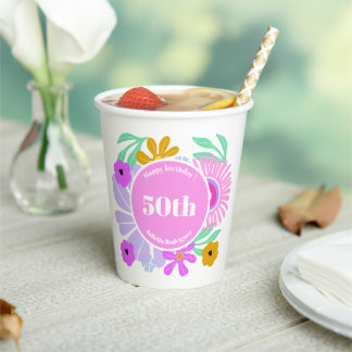 50th birthday pink floral romantic cute party pappbecher
