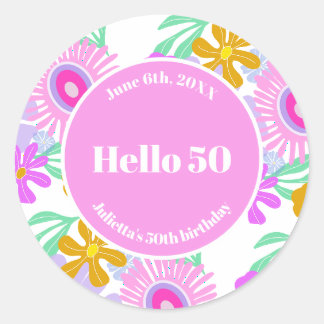 50th birthday pink floral romantic cute party runder aufkleber