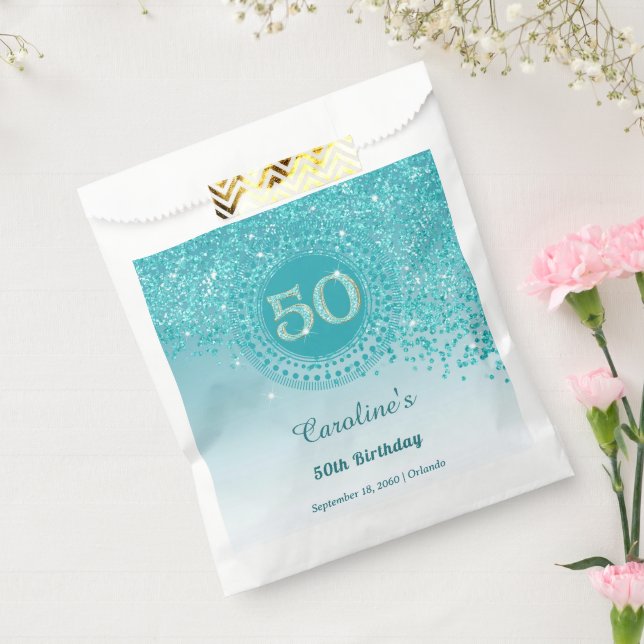 50th Birthday | Sparkling Teal Blue Gold Glitter Geschenktütchen (Versiegelt)