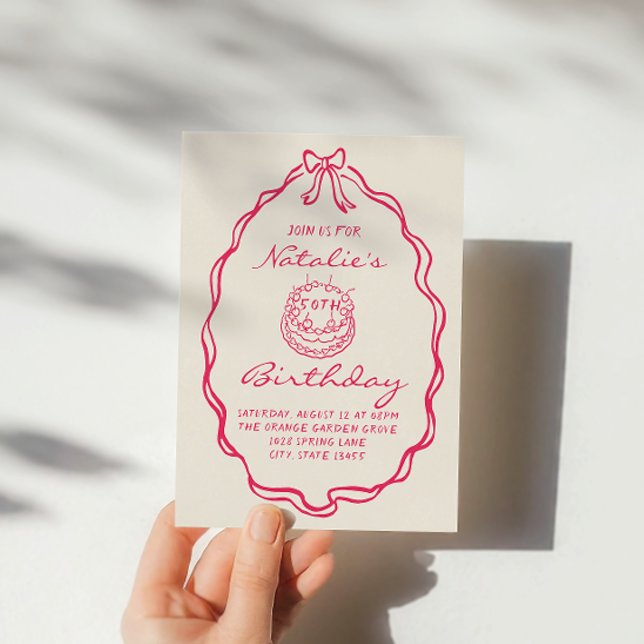 50th Bow Hand Drawn Pink Coquette Fünfzig Geburtst Einladung (Von Creator hochgeladen)