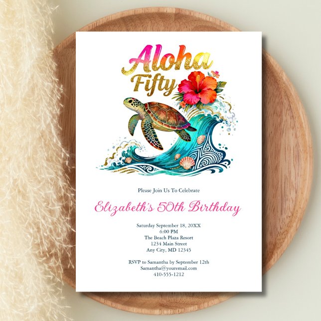 50th Fifty Birthday Tropical Ocean Beach Theme Einladung (Topical Ocean Beach Theme 50th Birthday party invitation. Aloha 50. Digital download or printed)
