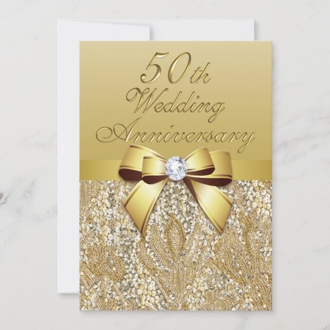 50th Gold Wedding Anniversary Imitate Bow Sequins Einladung (Vorderseite)