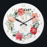 50th Golden Wedding Anniversary Floral Garland Große Wanduhr<br><div class="desc">Featuring a delicate watercolor floral garland,  this chic botanical 50th wedding anniversary clock can be personalized with your special golden anniversary details set in elegant typography. Designed by Thisisnotme©</div>