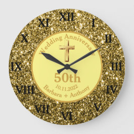 50th Golden Wedding Anniversary Gold Religious Lar Große Wanduhr