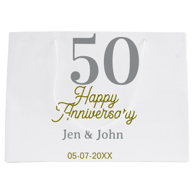 50th happy anniversary name date silver gold date  große geschenktüte (Vorderseite)