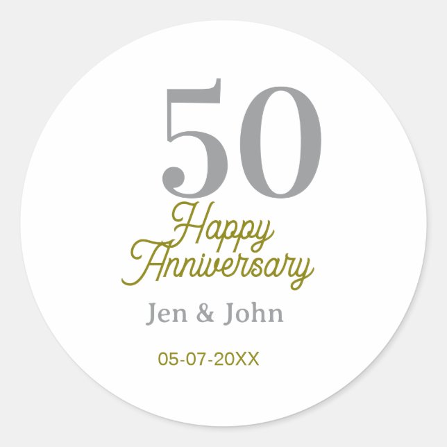 50th happy anniversary name date silver gold date  runder aufkleber (Vorderseite)
