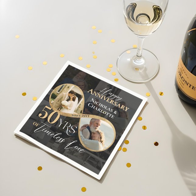 50th Happy Anniversary Then & Now Gold Infinity Serviette (50th Happy Anniversary Then & Now Gold Infinity Napkins)
