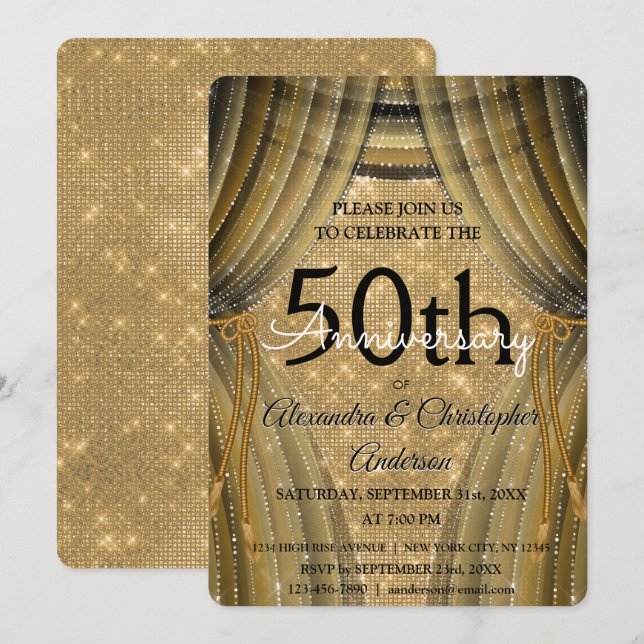 50th Wedding Anniversary Black and Gold Sparkle Einladung (Vorne/Hinten)
