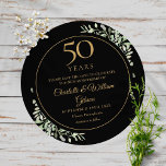 50th Wedding Anniversary Black Gold Greenery Round Save The Date<br><div class="desc">Featuring delicate watercolor country garden greenery,  this chic save the date anniversary invitation can be personalized with your special 50 years anniversary celebration information,  with a golden background on the reverse. Designed by Thisisnotme©</div>