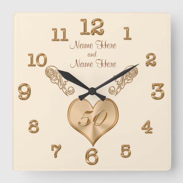 50th Wedding Anniversary Clock with NAMES Quadratische Wanduhr (Vorderseite)