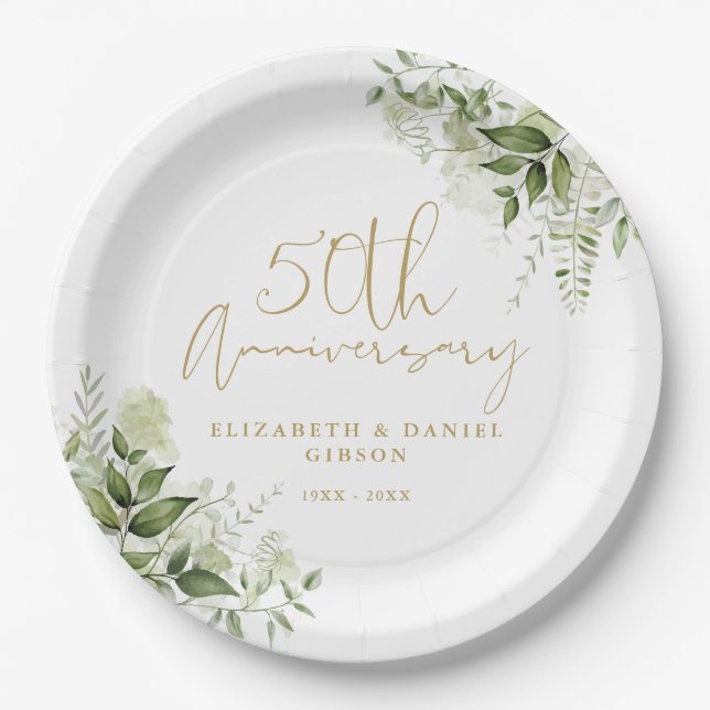 50th Wedding Anniversary Greenery Gold Script Pappteller (Vorderseite)