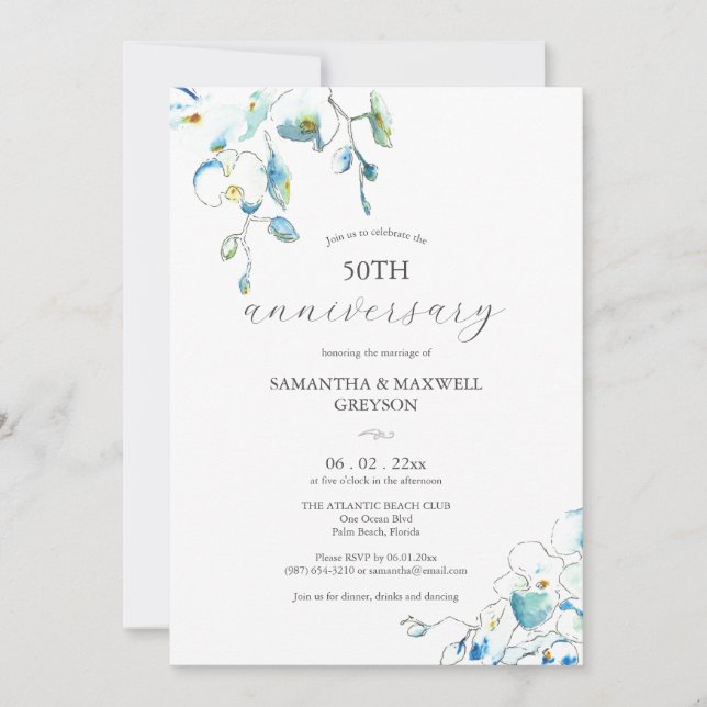 50th Wedding Anniversary Invitations Blue Flowers Einladung (Vorderseite)