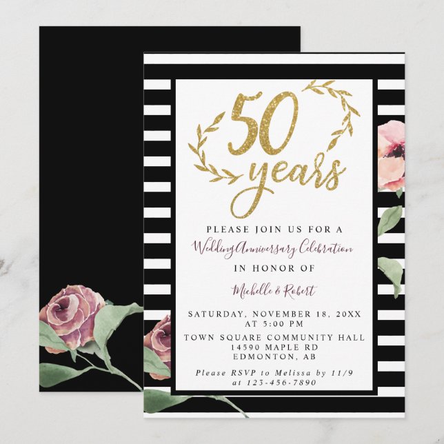 50th Wedding Anniversary Red Rose Gold Glitter Einladung (Vorne/Hinten)