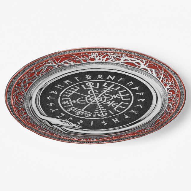 [510] Vegvisir - Vikings silberner magischer Runic Pappteller (Schrägansicht)