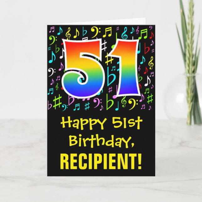 51. Geburtstag: Farbige Musiksymbole + Regenbogen  Karte (Vorderseite)