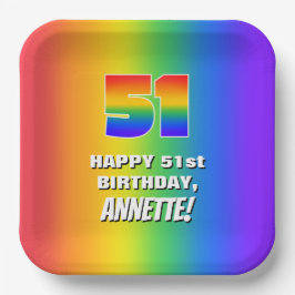 51. Geburtstag: Farbiges, lustiges Regenbogenmuste Pappteller