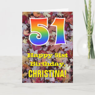 51. Geburtstag; Rustikale Herbstblätter; Regenboge Karte