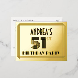51. Geburtstagsparty ~ Art-Deco-Stil "51" + Name Folie Einladungspostkarte
