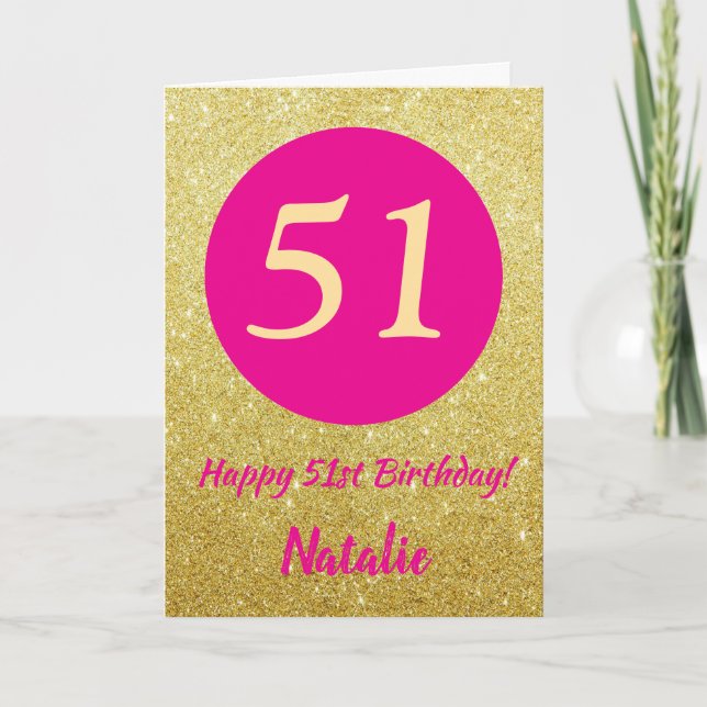 51. Happy Birthday Hot Pink und Gold Glitzer Karte (Vorderseite)