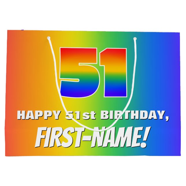 51st Birthday: Colorful, Fun Rainbow Pattern # 51 Große Geschenktüte (Rückseite)