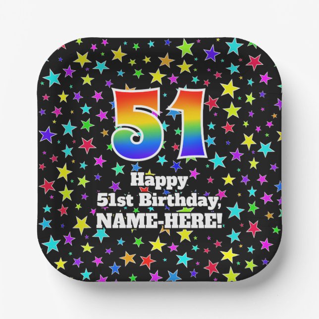 51st Birthday: Fun Stars Pattern and Rainbow “51” Pappteller (Vorderseite)