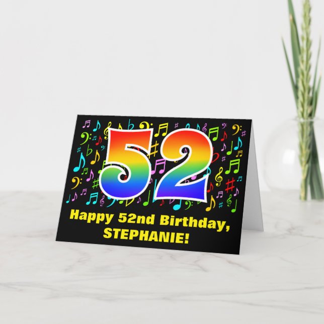 52. Geburtstag: Farbige Musiksymbole & Regenbogen  Karte (Vorderseite)