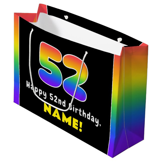 52. Geburtstag: Farbiger Regenbogen # 52, Individu Große Geschenktüte (Vorderseite Schrägansicht)