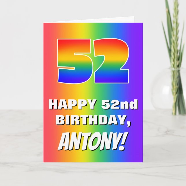 52. Geburtstag: Farbiges, lustiges Regenbogenmuste Karte (Vorderseite)
