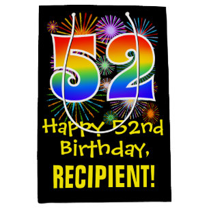 52. Geburtstag: Fun Fireworks Pattern + Rainbow 52 Mittlere Geschenktüte