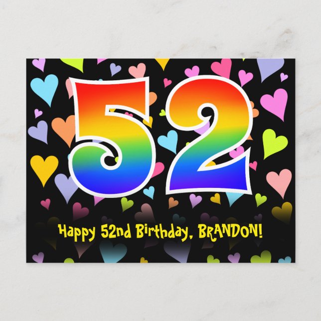 52. Geburtstag: Fun Hearts Muster, Regenbogen 52 Postkarte (Vorderseite)