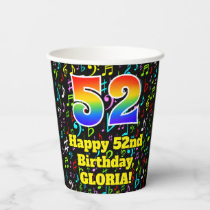 52. Geburtstag: Fun Musiknotens Pattern, Regenboge Pappbecher