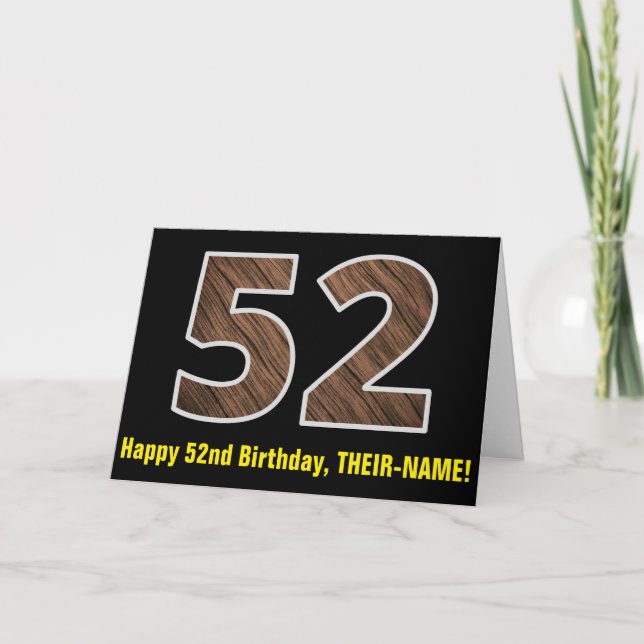 52. Geburtstag: Name + Imitate Holzkörnchen Muster Karte (Vorderseite)