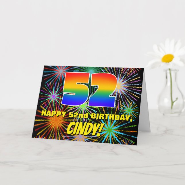52. Geburtstag: Spaß, bunte feierliche Feuerwerke Karte (Kleine Pflanze)