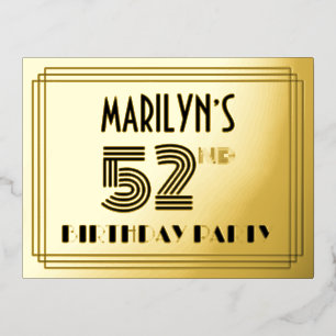 52. Geburtstagsparty ~ Art-Deco-Stil "52" + Name Folie Einladungspostkarte