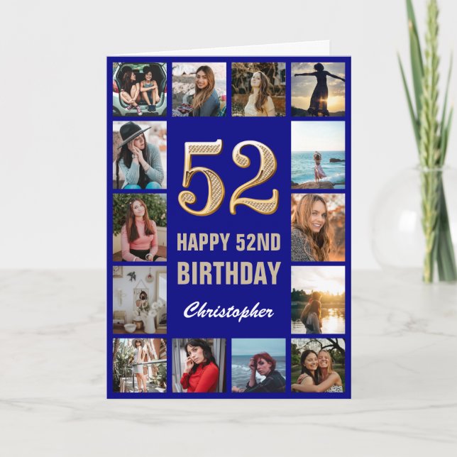 52. Happy Birthday Navy Blue & Gold Foto Collage Karte (Vorderseite)
