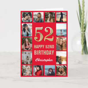 52. Happy Birthday Red and Gold Foto Collage Karte