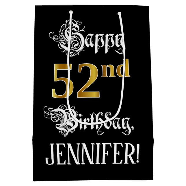 52nd Birthday Fancy Script; Falsch Gold Look; Name Mittlere Geschenktüte (Rückseite)