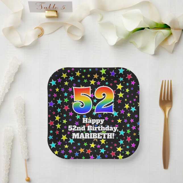 52nd Birthday: Fun Stars Pattern and Rainbow “52” Pappteller (Hochzeit)