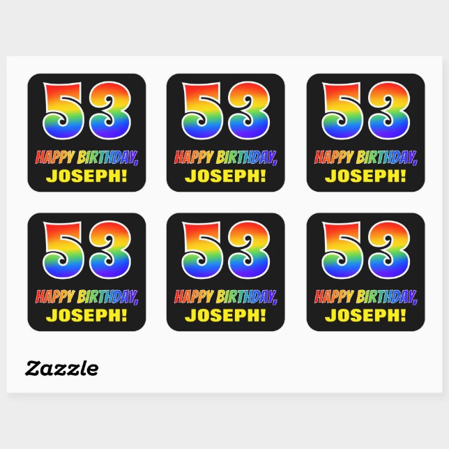 53. Geburtstag: Bold, Fun, Simple, Rainbow 53 Quadratischer Aufkleber (Blatt)