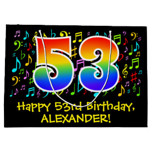 53. Geburtstag - Farbige Musiksymbole, Regenbogen  Große Geschenktüte