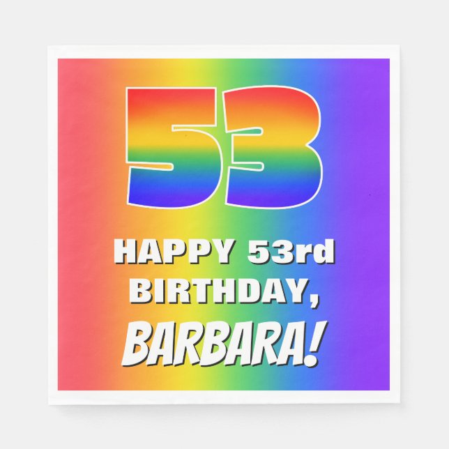 53. Geburtstag: Farbiges, lustiges Regenbogenmuste Serviette (Vorderseite)