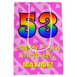 53. Geburtstag: Fun Pink Hearts Streifen; Regenbog Mittlere Geschenktüte