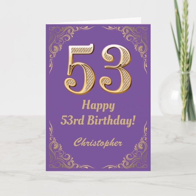 53. Geburtstag Lila und Gold Glitzer Frame Karte (Vorderseite)