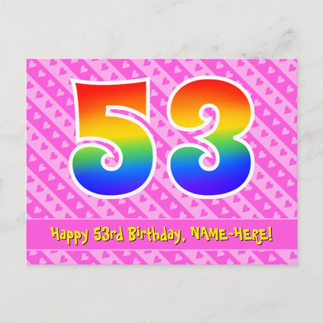 53. Geburtstag: Rosa Streifen & Herz, Regenbogen 5 Postkarte (Vorderseite)