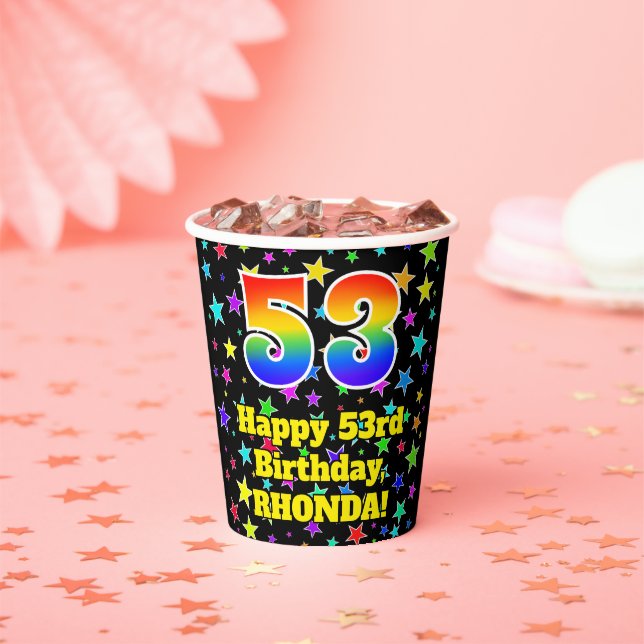 53rd Birthday: Fun Stars Pattern and Rainbow 53 Pappbecher (Insitu)