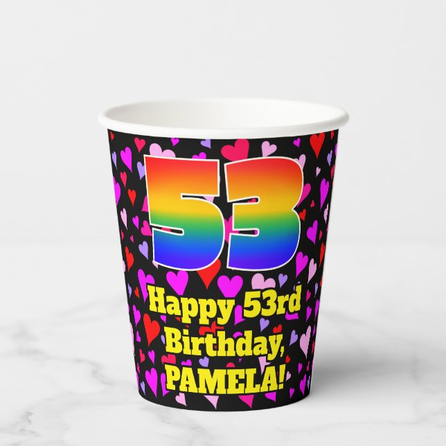 53rd Birthday: Loving Hearts Pattern, Rainbow 53 Pappbecher (Rückseite)