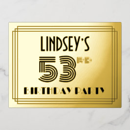 53rd Birthday Party Art Deco Style "53" + Name Folie Einladungspostkarte