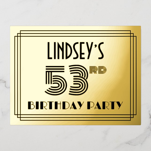 53rd Birthday Party Art Deco Style "53" + Name Folie Einladungspostkarte (Vorderseite)