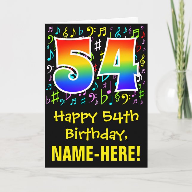 54. Geburtstag: Farbige Musiksymbole + Regenbogen  Karte (Vorderseite)